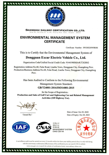 Κίνα Dongguan Excar Electric Vehicle Co., Ltd Πιστοποιήσεις